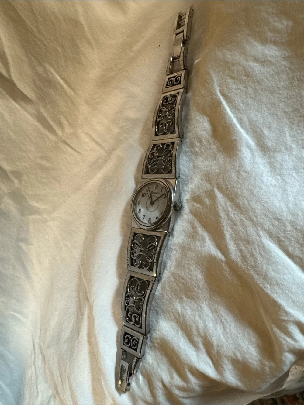 Vintage, Retired, Brighton Silver Filigree Bracelet Watch w/ White Dial Like New